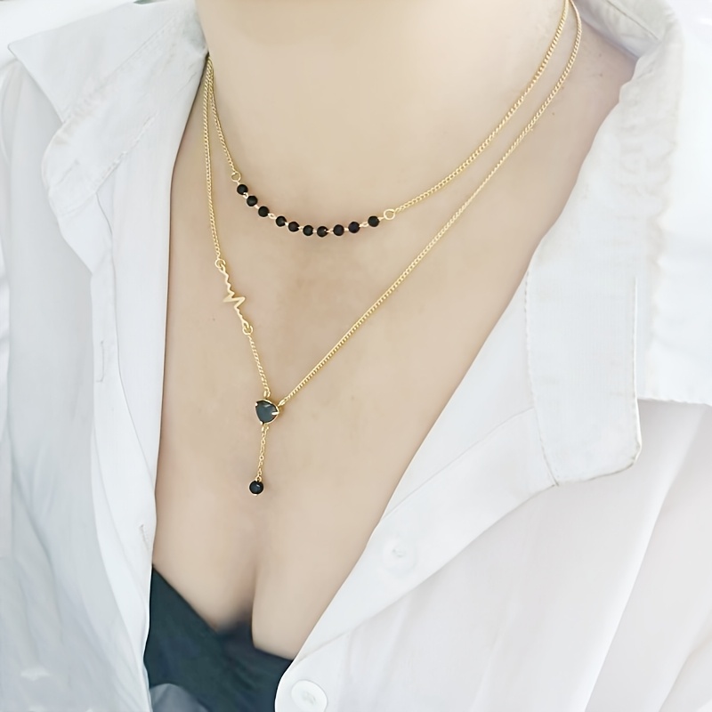 Heart-Shaped Black Bead Gold-Plated Necklace, Women's Daily Accessory